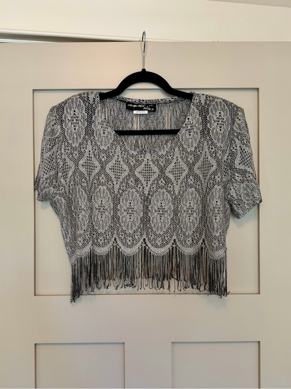 Vintage 80s Sharade Nites Silver Metallic Fringe Crop Top Lace Knit Size 10
